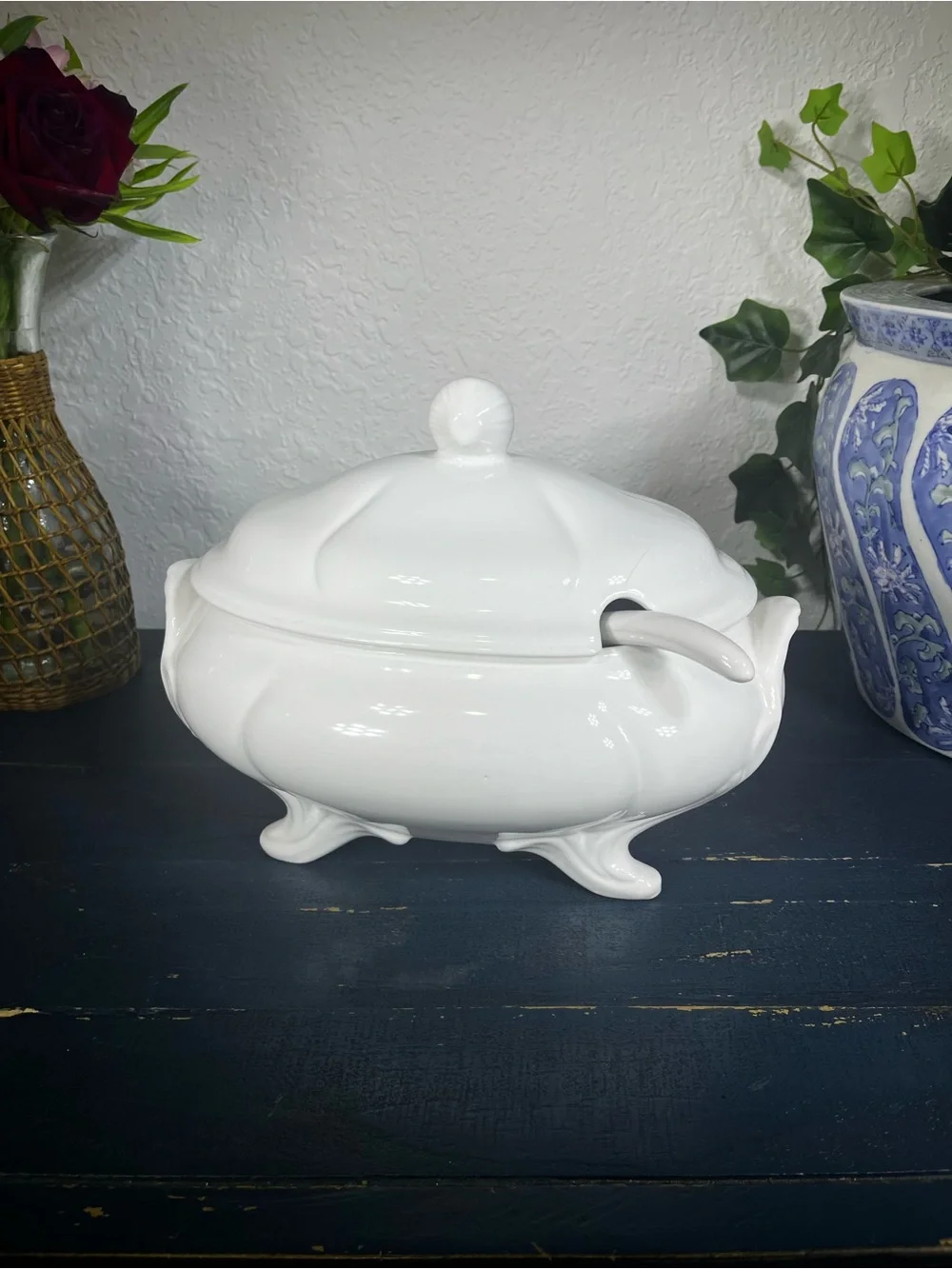 Classic White Porcelain Covered Soup Tureen with Ladle Loucartes, Portugal